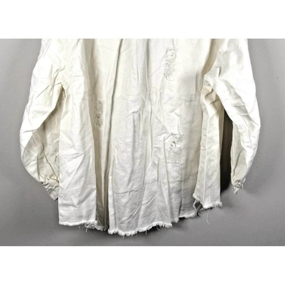 Y2K Distressed White Denim Jacket Long Sleeve Button Casual Womens‎ 3XL NEW